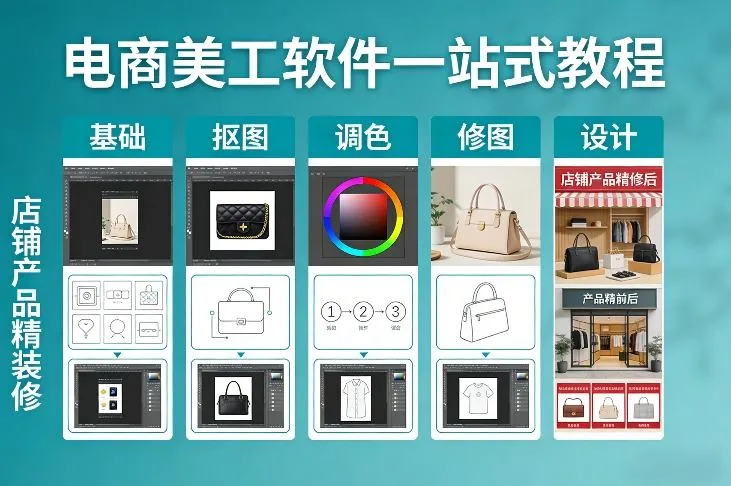 电商美工软件一站式教程，基础/抠图/调色/修图/设计，店铺产品精装修-续财库