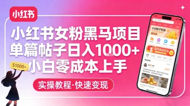 小红书女粉黑马项目，单篇帖子日入1k+，小白零成本上手-续财库