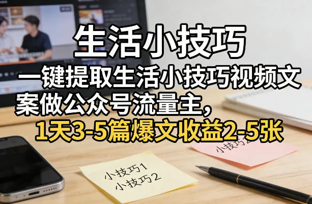 一键提取生活小技巧视频文案做公众号流量主，1天3-5篇爆文收益2-5张-续财库