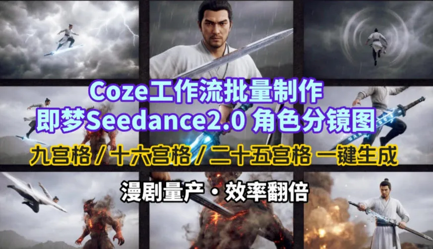 Coze工作流批量制作即梦Seedance2.0角色分镜图，九宫格-十六宫格-二十五宫格一键生成，漫剧量产，效率翻倍-续财库