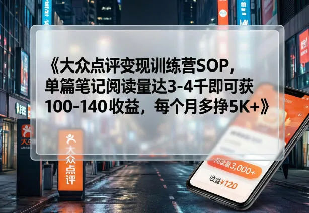 大众点评变现训练营SOP，单篇笔记阅读量达3-4千即可获100-140收益，每个月多挣5K+-续财库