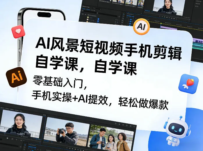 AI风景短视频手机剪辑自学课，零基础入门，手机实操+AI提效，轻松做爆款-续财库