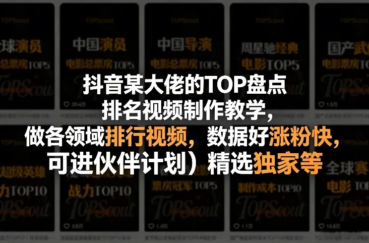 抖音某大佬的TOP盘点排名视频制作，做各领域排行视频，数据好涨粉快，可进伙伴计划＋精选独家等-续财库