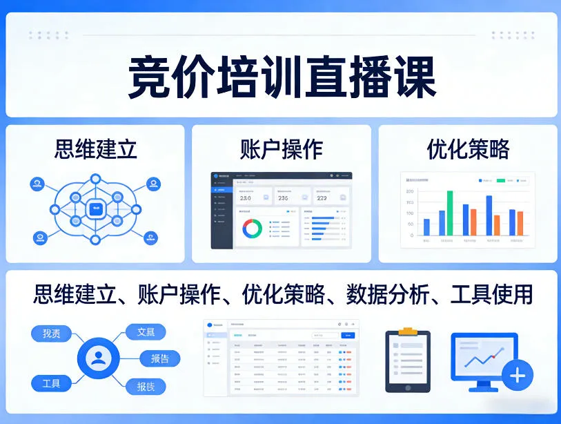 竞价培训直播课,覆盖思维建立、账户操作、优化策略、数据分析、工具使用等,全方位提升效果-续财库