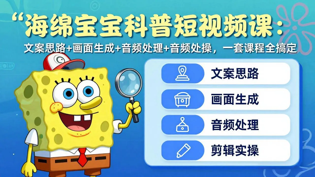 海绵宝宝科普短视频课：文案思路+画面生成+音频处理+剪辑实操，一套课程全搞定-续财库
