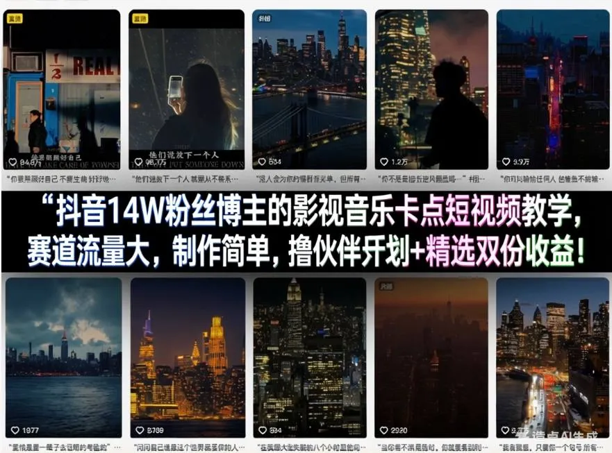 抖音14W粉丝博主的影视音乐卡点短视频教学，赛道流量大，制作简单，撸伙伴计划+精选双份收益！-续财库