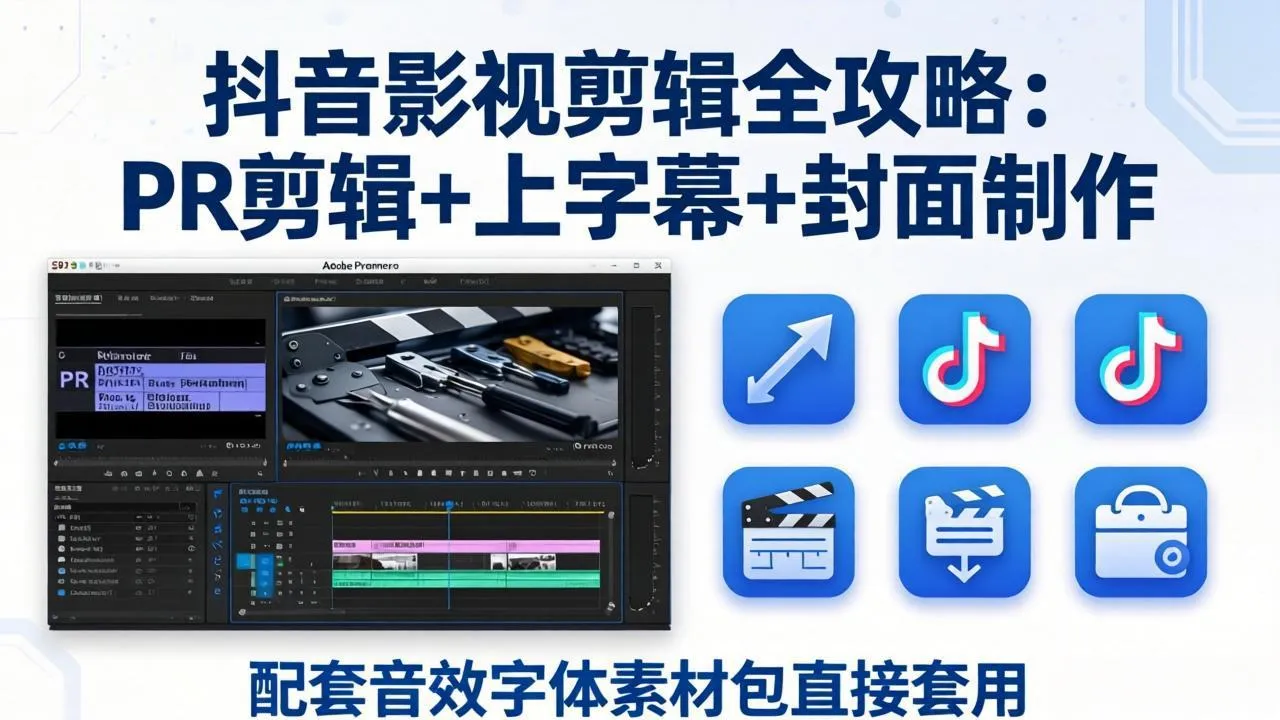 抖音影视剪辑全攻略:PR剪辑+上字幕+封面制作,配套音效字体素材包直接套用-续财库