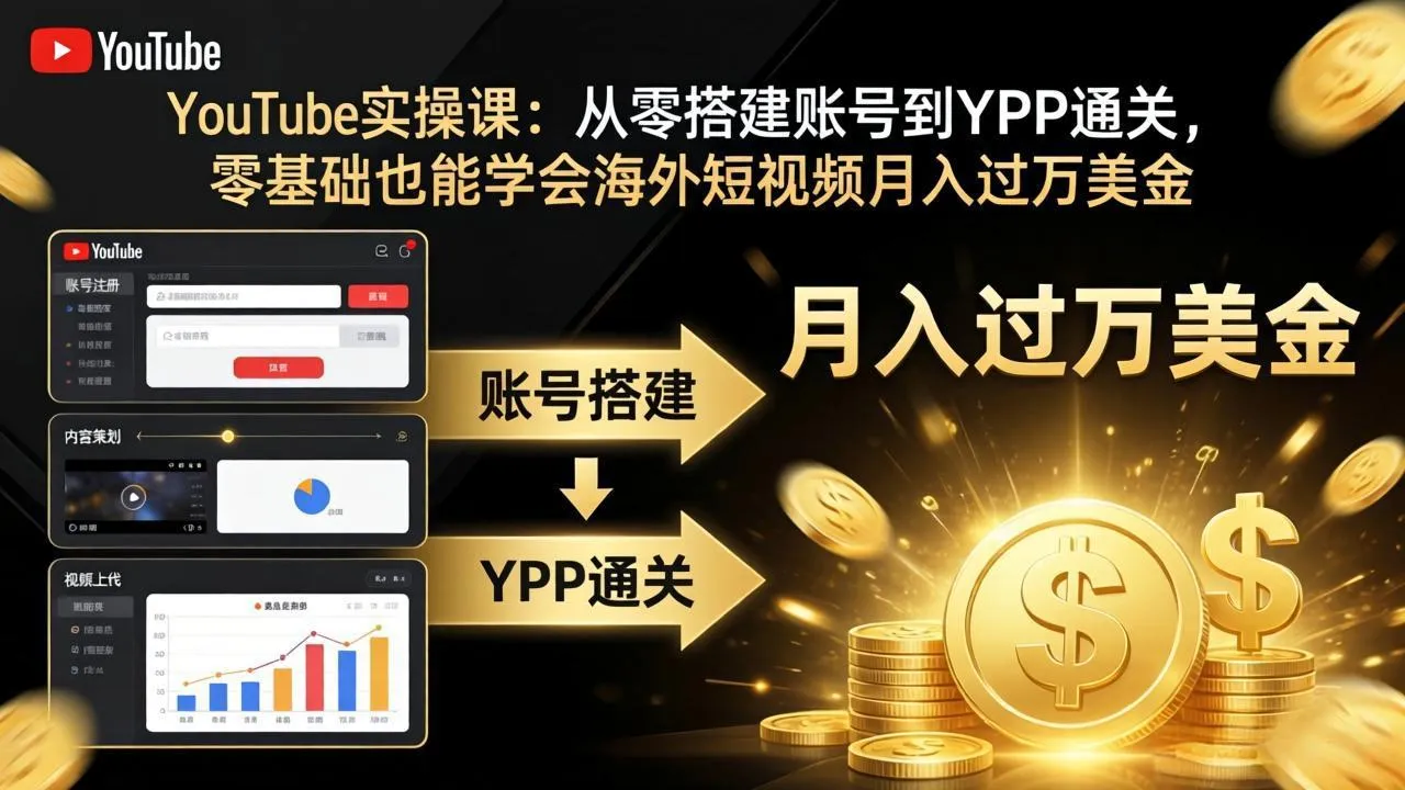 YouTube实操课：从零搭建账号到YPP通关，零基础也能学会海外短视频月入过万美金-续财库