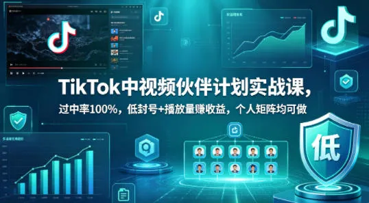 TikTok中视频伙伴计划实战课，过中率100%，低封号+播放量賺收益，个人矩阵均可做-续财库