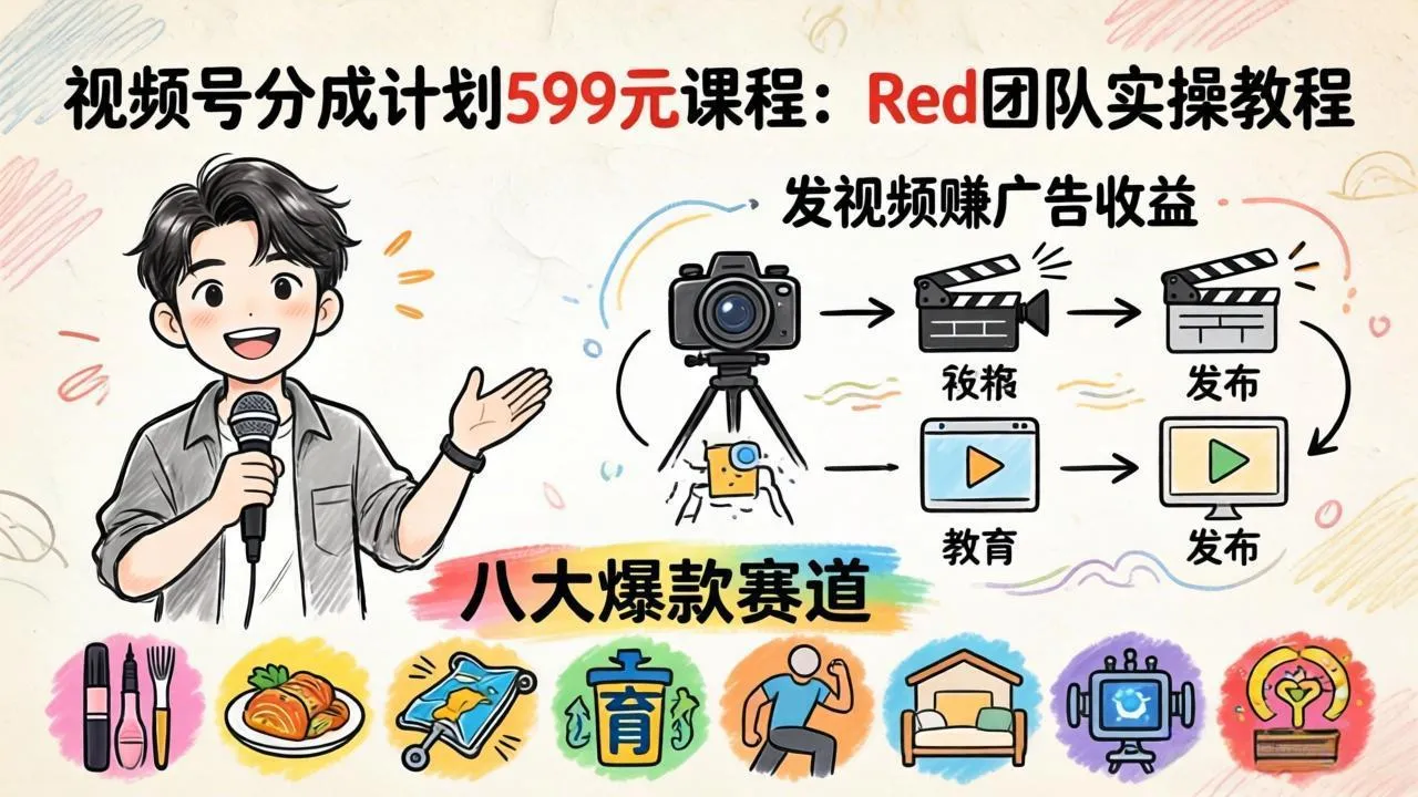 视频号分成计划599元课程:Red团队实操教程,发视频赚广告收益,八大爆款赛道全掌握-续财库