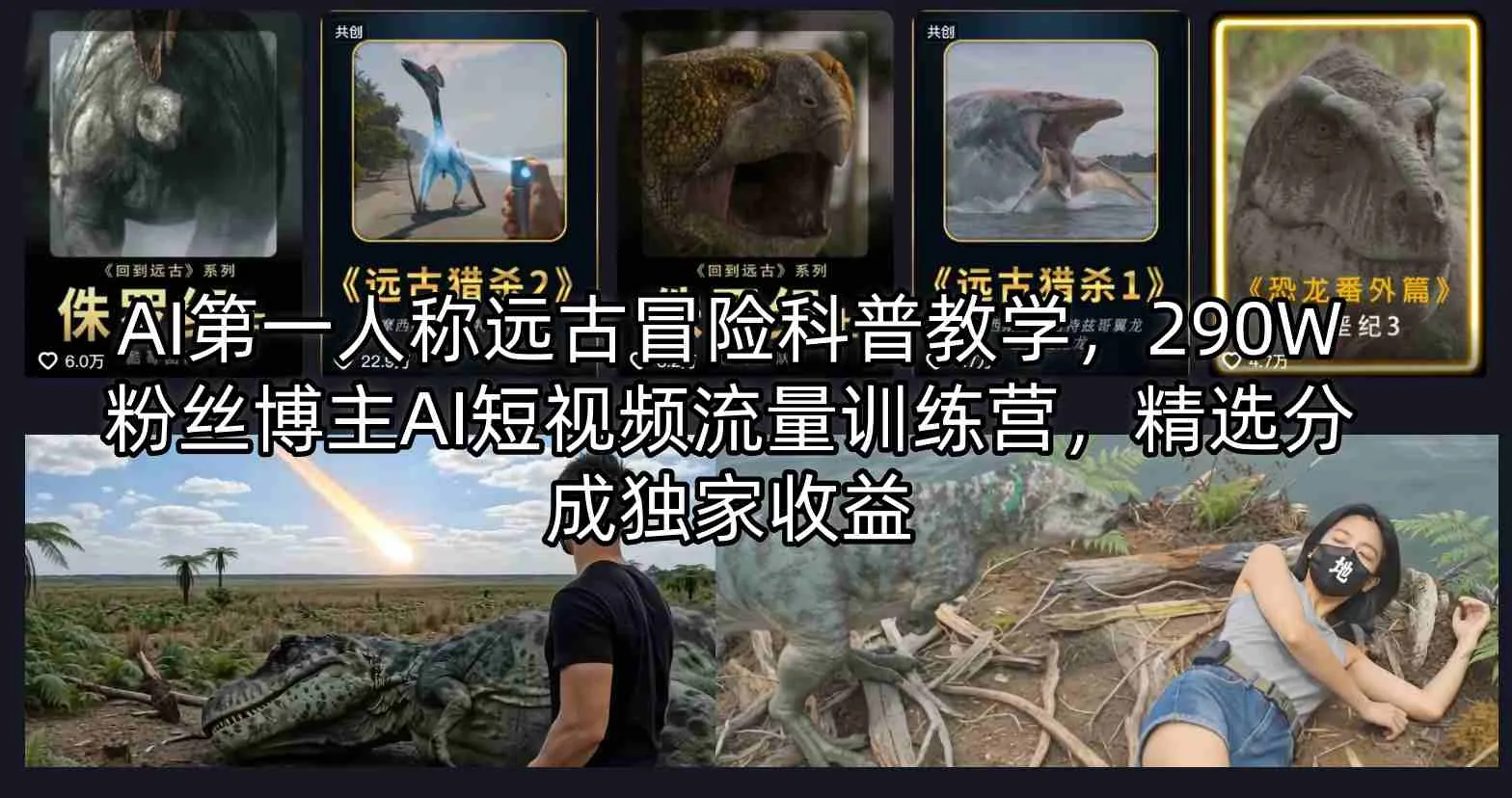 AI第一人称远古冒险科普教学，290W粉丝博主AI短视频流量训练营，精选分成独家收益-续财库