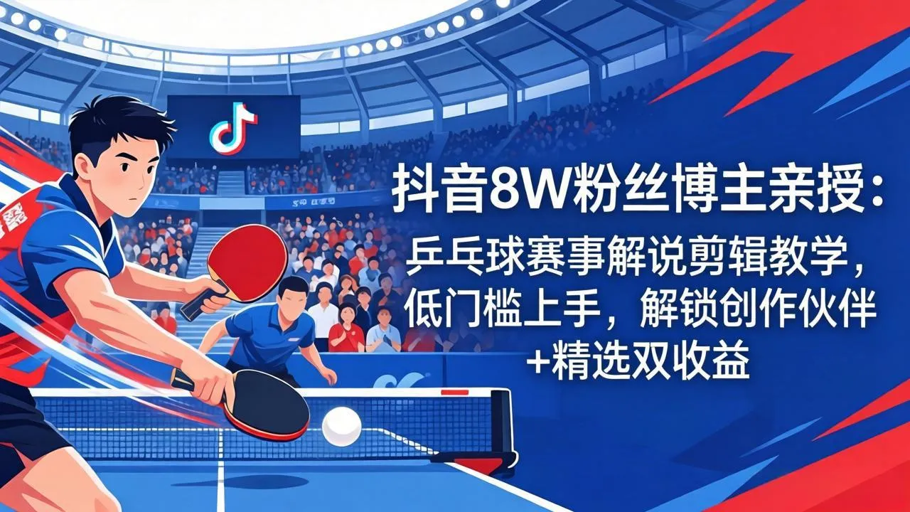 抖音8W粉丝博主亲授：乒乓球赛事解说剪辑教学，低门槛上手，解锁创作伙伴+精选双收益-续财库