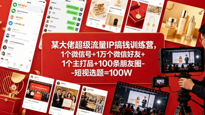 某大佬超级流量IP搞钱训练营，1个微信号+1万个微信好友+1个主打品+100条朋友圈-短视选题=100W-续财库