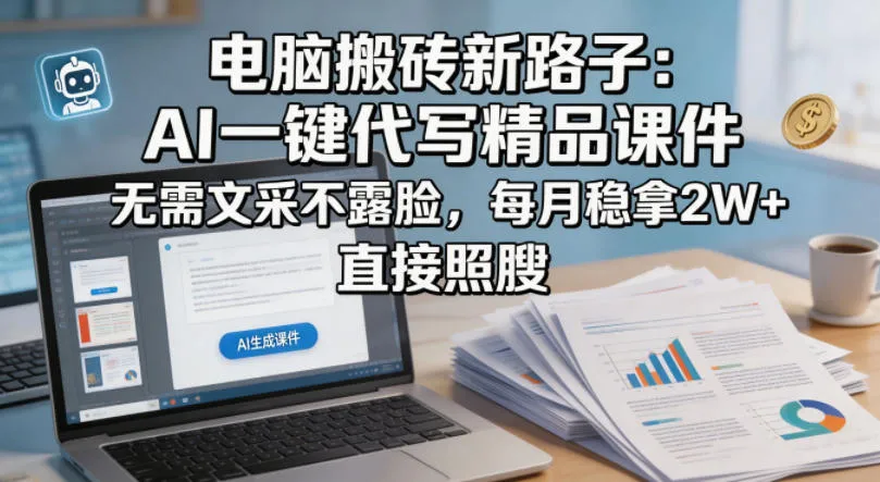 电脑搬砖新路子：AI一键代写精品课件，无需文采不露脸，每月稳拿2W+，直接照搬-续财库
