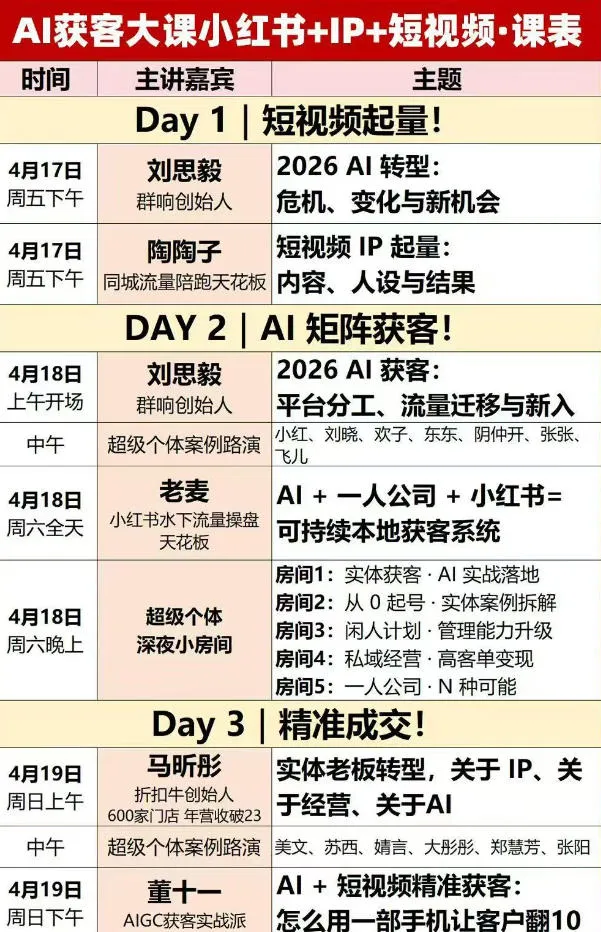 AI获客大课小红书+IP+短视频3天2夜线下课,用最真实的一线案例,最前沿的AI工具,最有效的流量打法