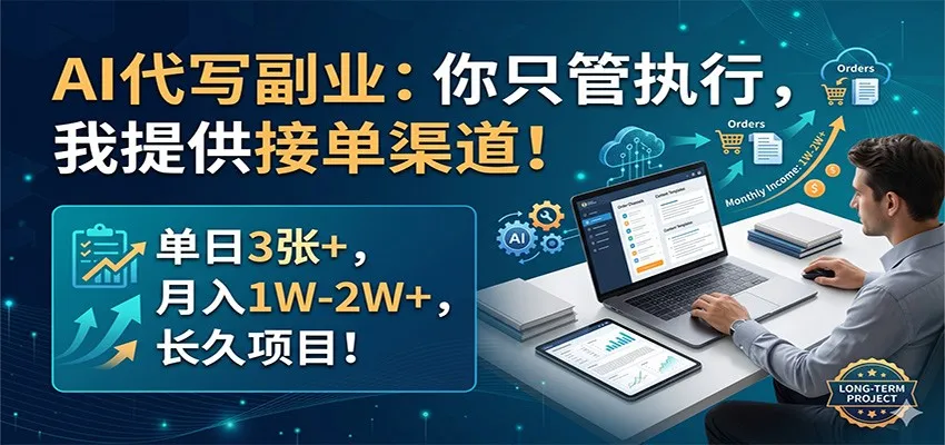 AI代写副业：你只管执行，我提供接单渠道！单日3张+，月入1W-2W+，长久项目-续财库