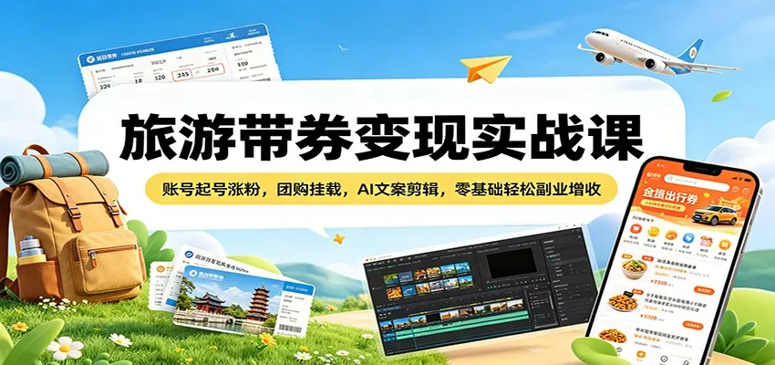 旅游带券变现实战课：账号起号涨粉，团购挂载，AI文案剪辑，零基础轻松副业增收-续财库