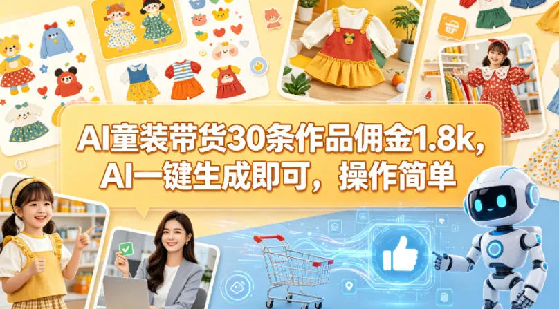 AI童装带货30条作品佣金1.8k，AI一键生成即可，操作简单-续财库