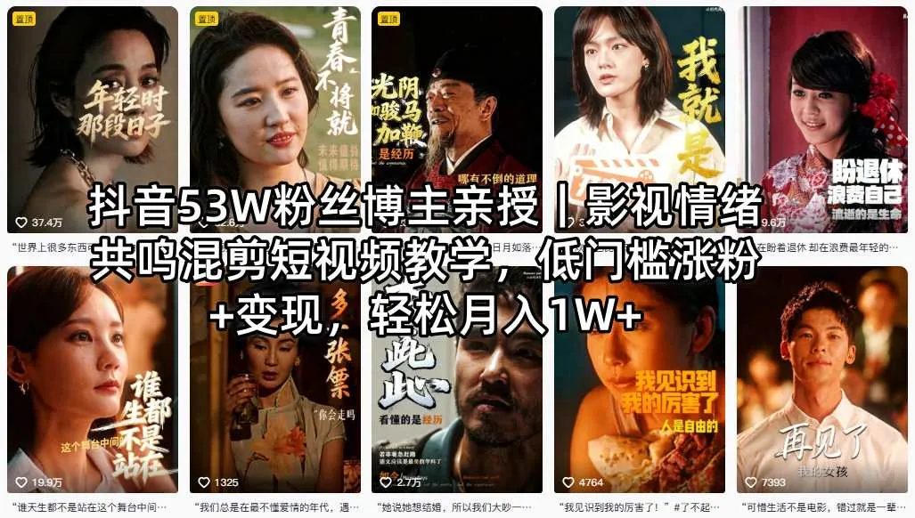 抖音53W粉丝博主亲授|影视情绪共鸣混剪短视频教学,低门槛涨粉+变现,轻松月入1W+-续财库