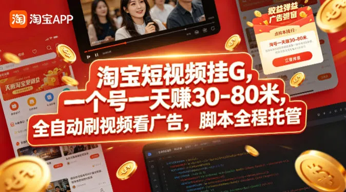 淘宝短视频挂G，一个号一天 賺30-80米，全自动刷视频看广告，脚本全程托管【揭秘】-续财库
