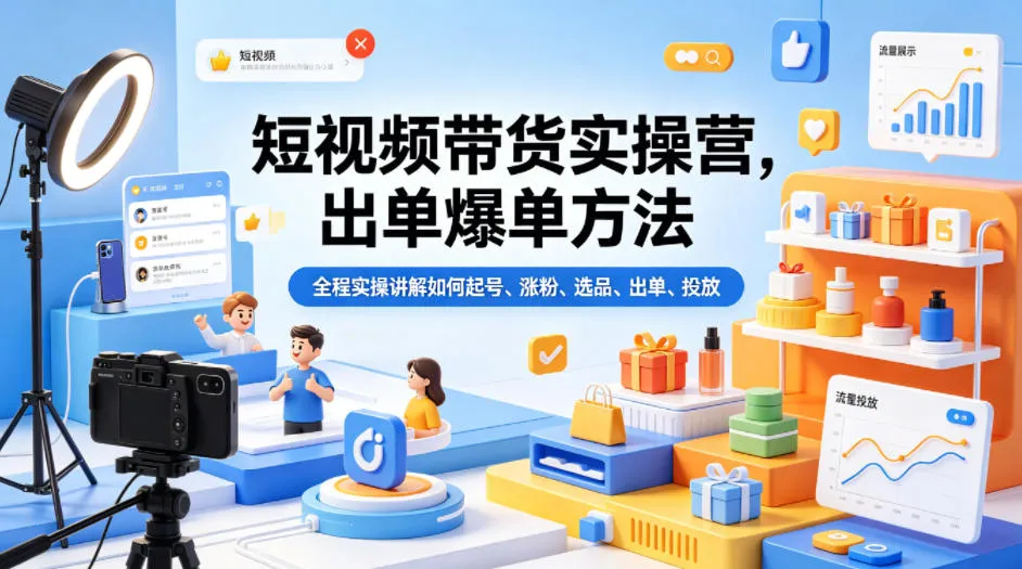 短视频带货实操营,出单爆单方法,全程实操讲解如何起号、涨粉、选品、出单、投放-续财库