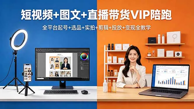 短视频+图文+直播带货VIP陪跑,全平台起号+选品+实拍+剪辑+投放+变现全教学-续财库