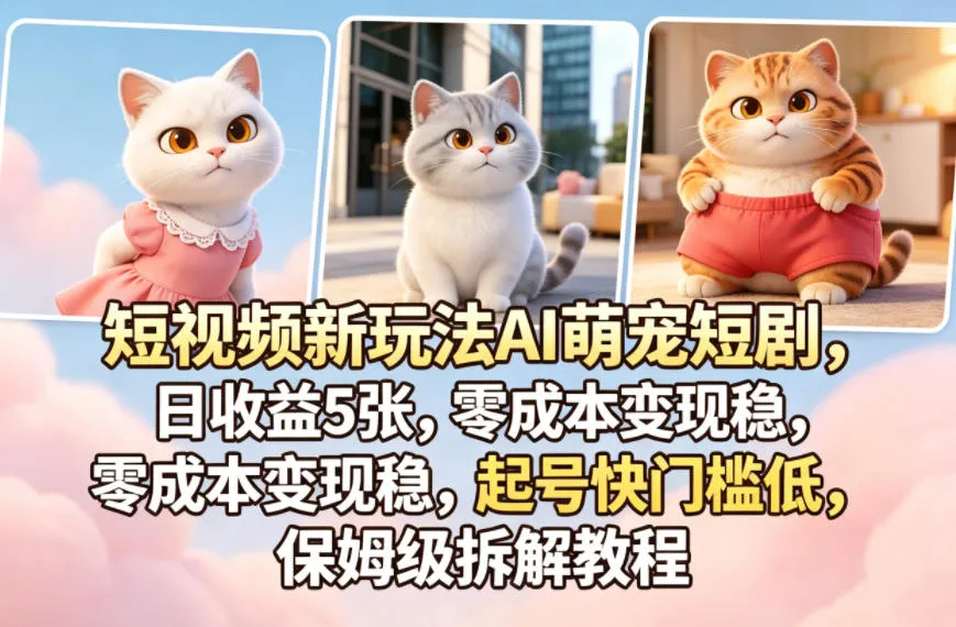 短视频新玩法AI萌宠短剧，日收益5张，零成本变现稳，起号快门槛低，保姆级拆解教程-续财库