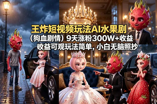 王炸短视频玩法AI水果剧(狗血剧情)9天涨粉300W+收益可观玩法简单,小白无脑照抄,详细拆解玩法-续财库