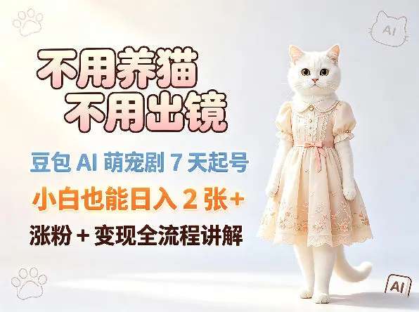 不用养猫不用出镜，豆包AI萌宠剧7天起号，小白也能日入2张+，涨粉+变现全流程讲解-续财库