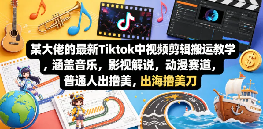 某大佬的最新Tiktok中视频剪辑搬运教学,涵盖音乐,影视解说,动漫赛道,普通人出海撸美刀-续财库