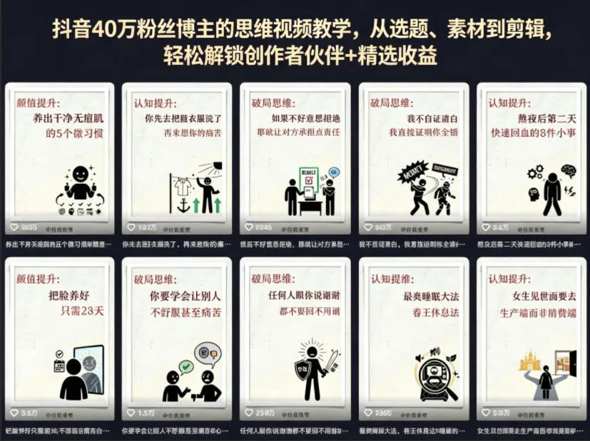 抖音40W粉丝博主的思维视频教学,从选题、素材到剪辑,轻松解锁创作者伙伴+精选收益-续财库