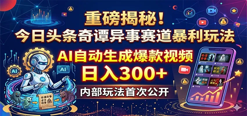 重磅揭秘！今日头条奇谭异事赛道暴利玩法：AI自动生成爆款视频，日入300+-续财库