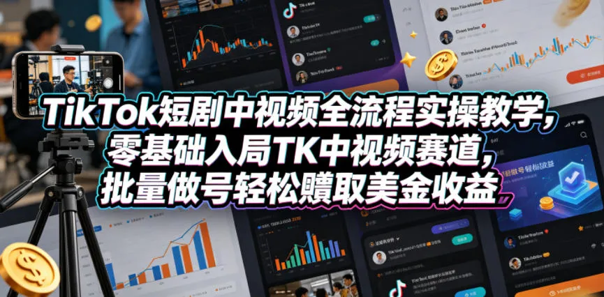 TikTok短剧中视频全流程实操教学，零基础入局TK中视频赛道，批量做号轻松賺取美金收益-续财库