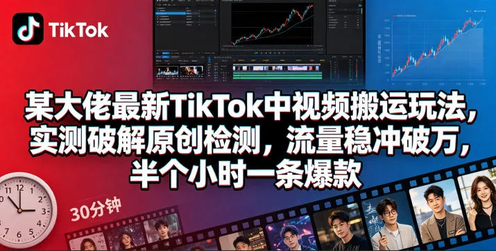 某大佬最新TikTok中视频搬运玩法,实测破解原创检测,流量稳冲破万,半个小时一条爆款-续财库