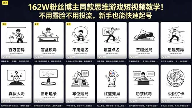162W粉丝博主同款思维游戏短视频教学！不用露脸不用投流，新手也能快速起号-续财库