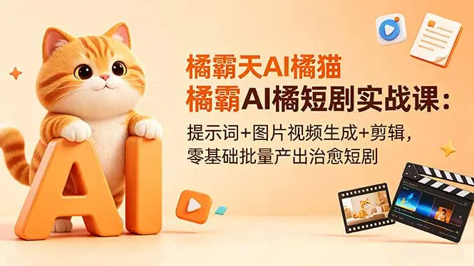 橘霸天AI橘猫短剧实战课：提示词+图片视频生成+剪辑，零基础批量产出治愈短剧-续财库