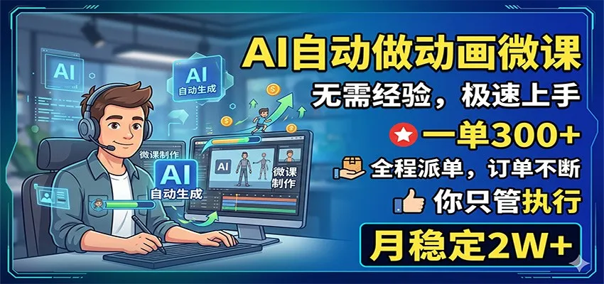 AI自动做动画微课，一单300+，全程派单，你只管执行，月稳定2W+-续财库