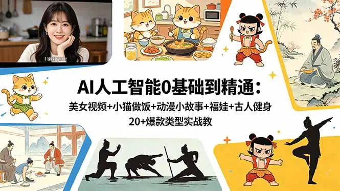 AI人工智能0基础到精通：美女视频+小猫做饭+动漫小故事+福娃+古人健身，20+爆款类型实战教学-续财库