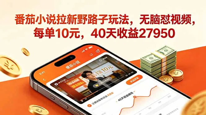 番茄小说拉新野路子玩法，无脑怼视频，每单10元，40天收益27950-续财库