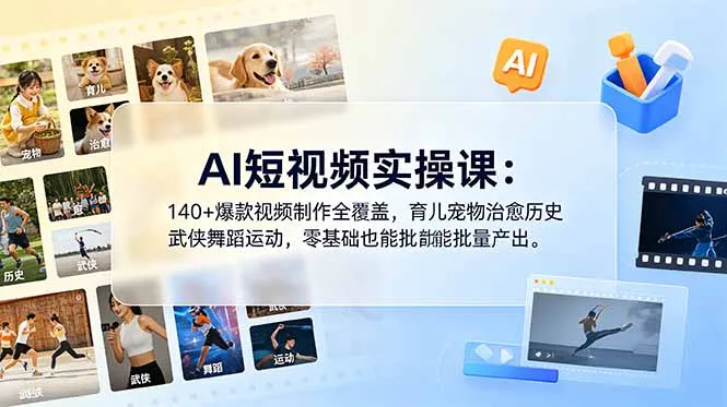AI短视频实操课：140+爆款视频制作全覆盖，育儿宠物治愈历史武侠舞蹈运动，零基础也能批量产出-续财库
