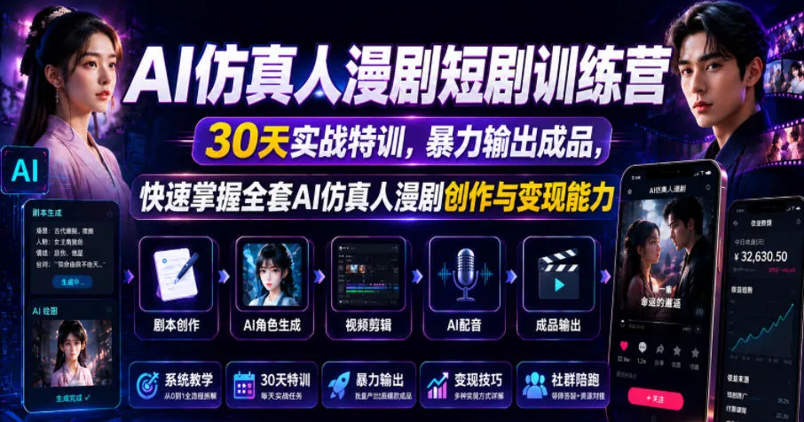 AI仿真人漫剧短剧训练营，30天实战特训，暴力输出成品，快速掌握全套AI仿真人漫剧创作与变现能力-续财库