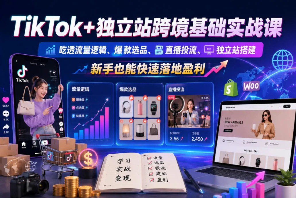 TikTok+独立站跨境基础实战课,吃透流量逻辑、爆款选品、直播投流与独立站搭建,新手也能快速落地盈利-续财库