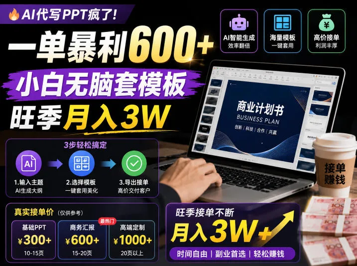 AI代写PPT疯了！一单暴利600+，小白无脑套模板，旺季月入3W，不用苦哈哈引流【揭秘】-续财库