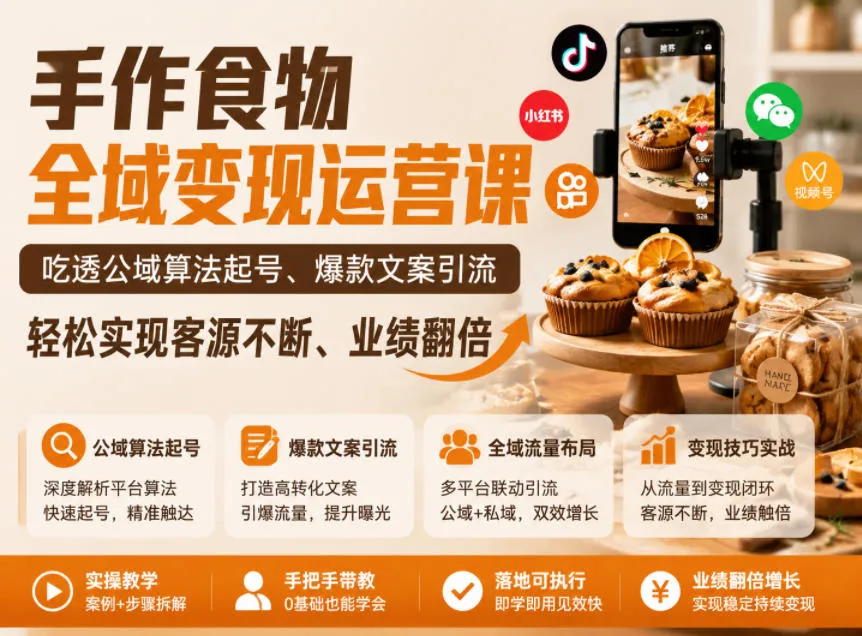 手作食物全域变现运营课,吃透公域算法起号、爆款文案引流,轻松实现客源不断、业绩翻倍-续财库