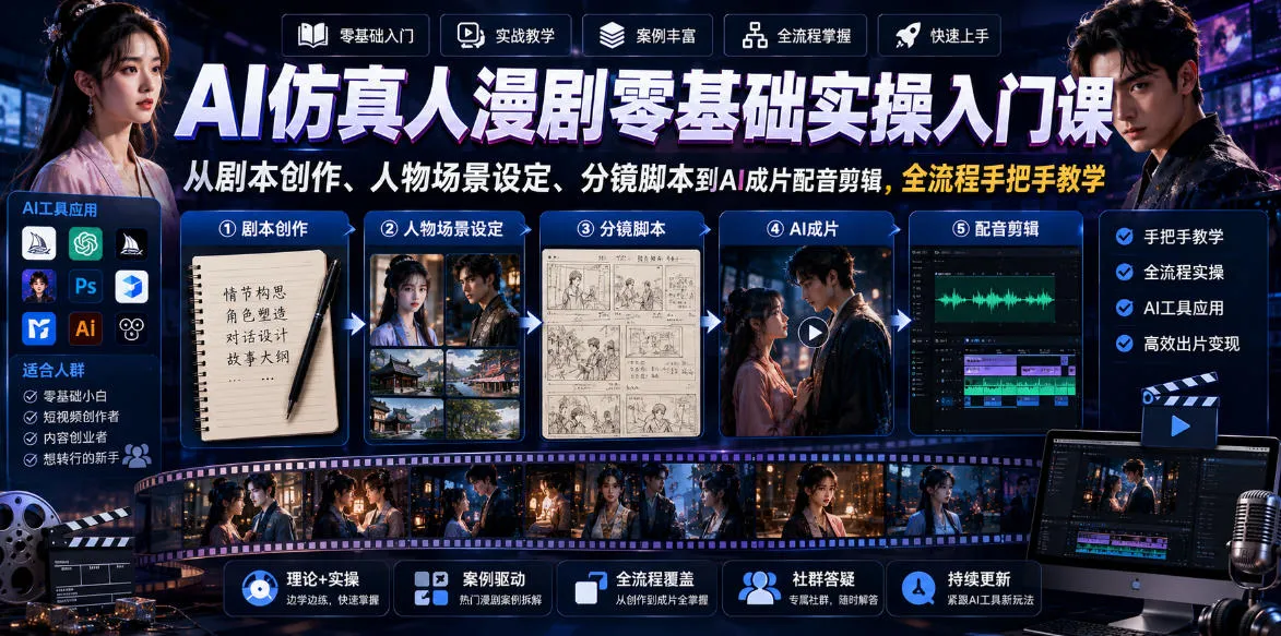 AI仿真人漫剧零基础实操入门课,从剧本创作、人物场景设定、分镜脚本到AI成片配音剪辑,全流程手把手教学-续财库