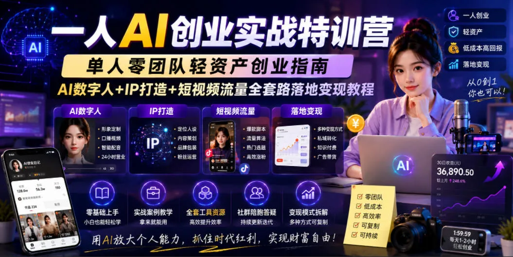 一人AI创业实战特训营，单人零团队轻资产创业指南，AI数字人+IP打造+短视频流量全套路落地变现教程-续财库