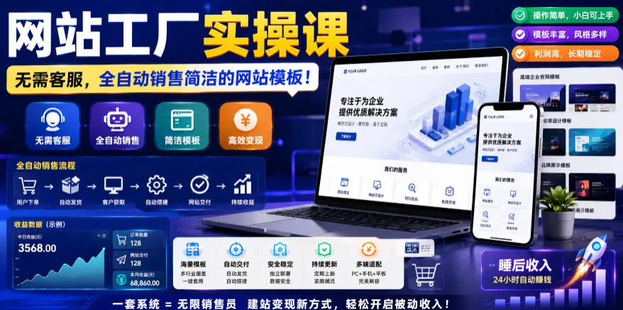 网站工厂实操课，无需客服，网站模板自动赚钱！【原创双语字幕】-续财库