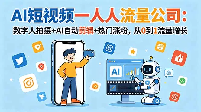 AI短视频一人流量公司：数字人拍摄+AI自动剪辑+热门涨粉，从0到1流量增长-续财库