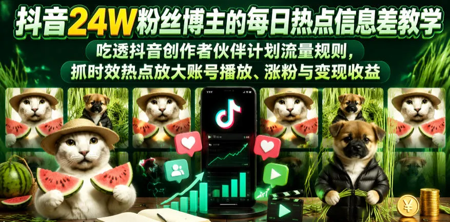 抖音24W粉丝博主的每日热点信息差教学,吃透创作者伙伴计划流量规则,抓时效热点放大账号播放、涨粉与变现收益(更新)-续财库