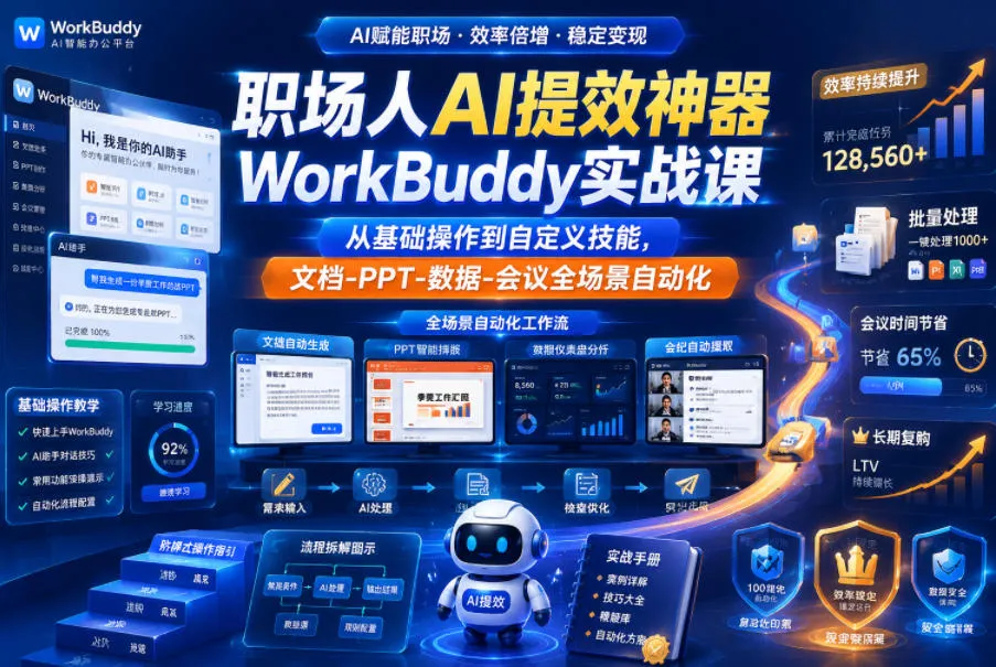 职场人AI提效神器WorkBuddy实战课，从基础操作到自定义技能，文档-PPT-数据-会议全场景自动化-续财库